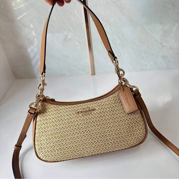 Coach Teri 2way Shoulder Bag Crossbody Straw Smooth Leather Latte Multi CR350 - Picture 2 of 9